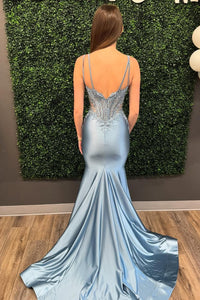 Double Straps Appliques Mermaid Satin Formal Dress