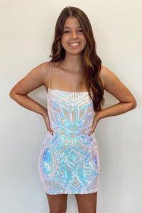 Blue Straps Sheath Sequins-Embroidered Homecoming Dress