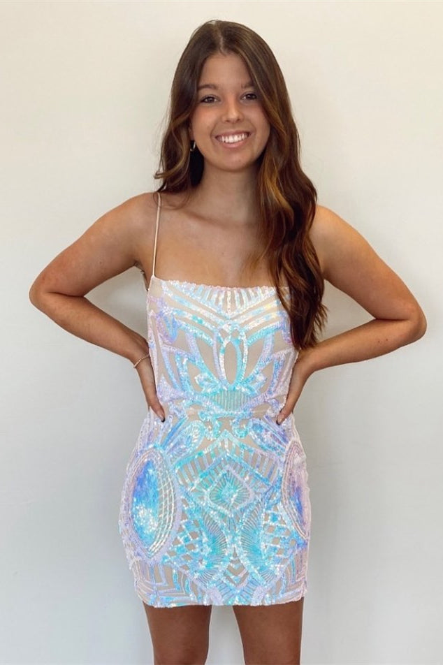 Blue Straps Sheath Sequins-Embroidered Homecoming Dress