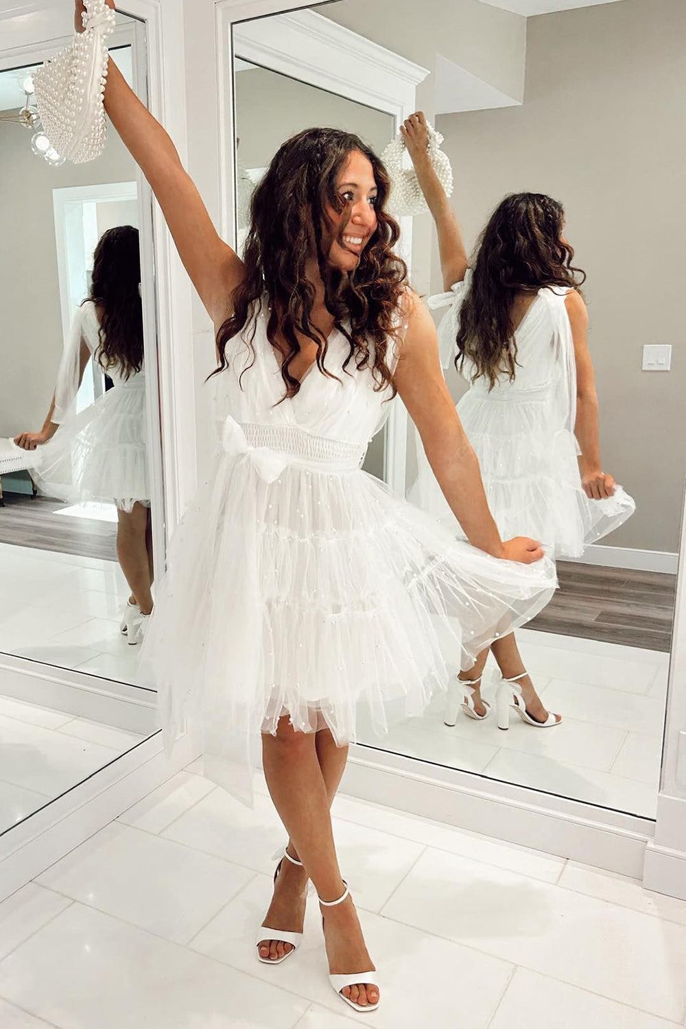 White V Neck Beaded Multi-Layers Bow Tie A-line Homecoming Dress