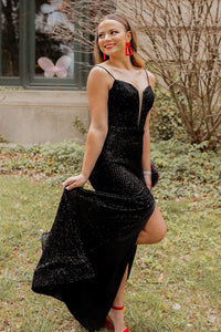 Black Sequins Lace-Up Mermaid Long Ptom Dress with Slit