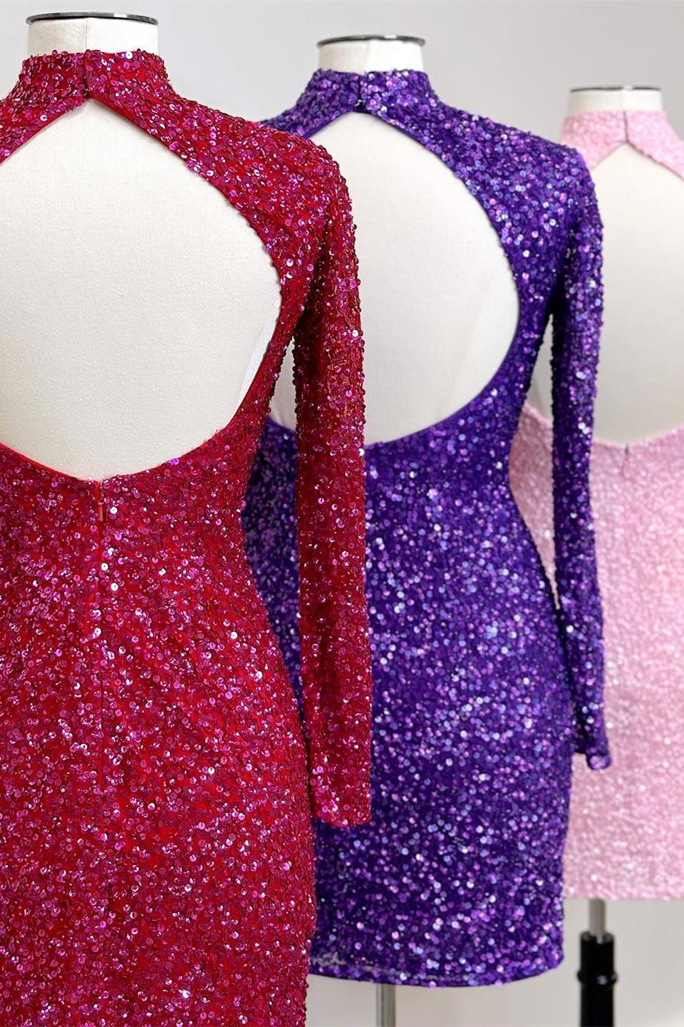 Red & Regency & Pink High Neck Long Sleeves Sequins Keyhole Homecoming Dress