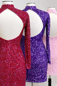 Red & Regency & Pink High Neck Long Sleeves Sequins Keyhole Homecoming Dress