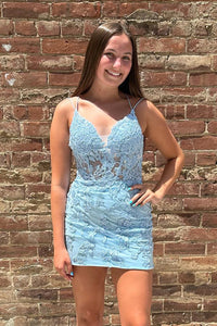 Light Blue Appliques Lace-Up Sheath Homecoming Dress