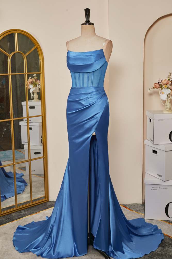 Blue Pleated Strapless Mermaid Satin Long Prom Dress with Slit
