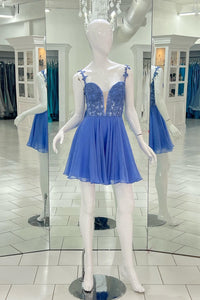 Blue Deep V Neck Straps A-line Appliques Chiffon Homecoming Dress