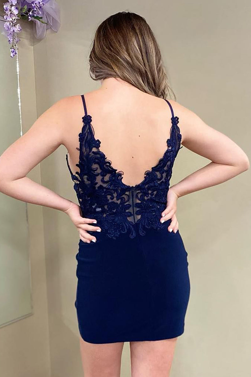 Dark Navy Appliques Sheath Straps V Neck Homecoming Dress