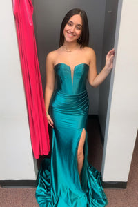 Hunter Green Strapless Mermaid Satin Long Prom Dress with Slit