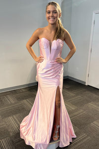 Pink Strapless Mermaid Satin Long Prom Dress with Slit