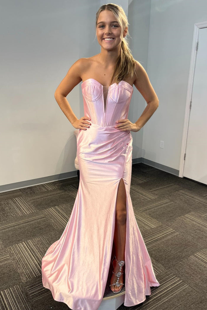 Pink Strapless Mermaid Satin Long Prom Dress with Slit