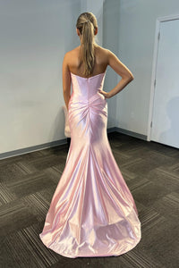 Pink Strapless Mermaid Satin Long Prom Dress with Slit
