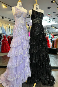 Lavender & Black One Shoulder Sequined Appliques Multi-Layers Long Prom Dress with Slit