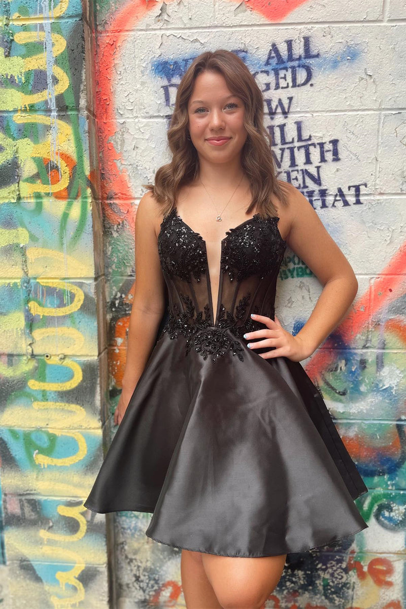 Black A-line Sequined Satin Plunging V Neck Homecoming Dress 