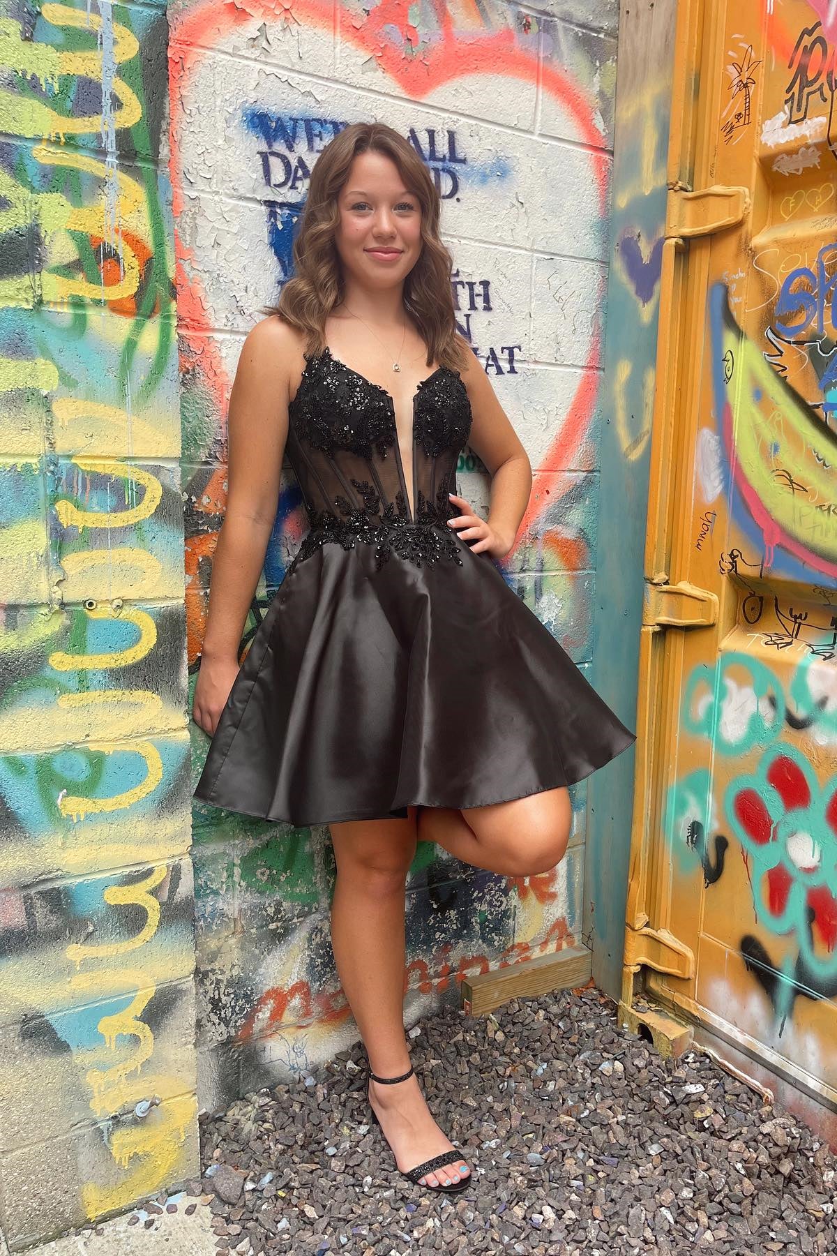 Black A-line Sequined Satin Plunging V Neck Homecoming Dress