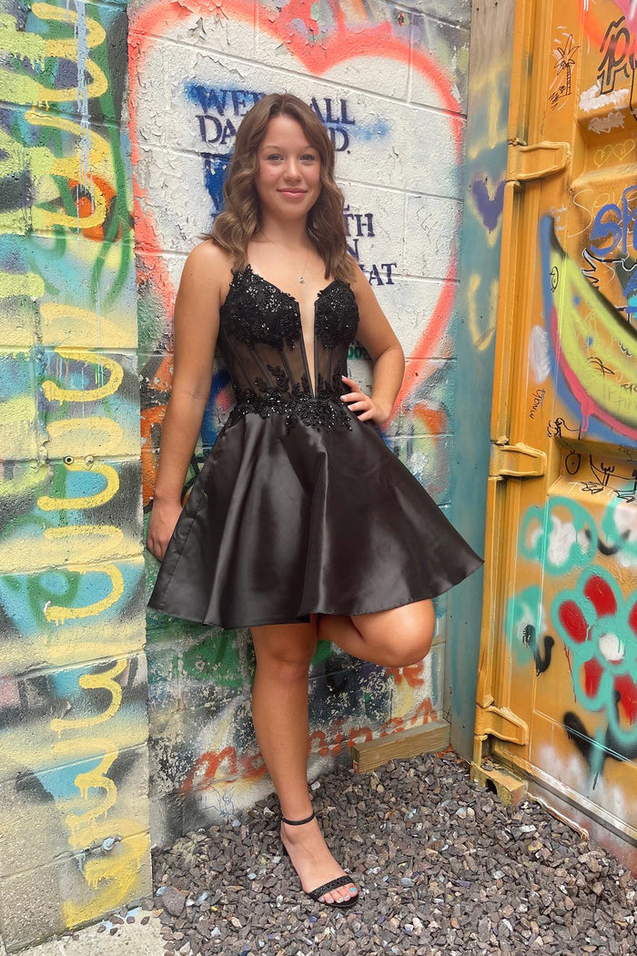 Black A-line Sequined Satin Plunging V Neck Homecoming Dress