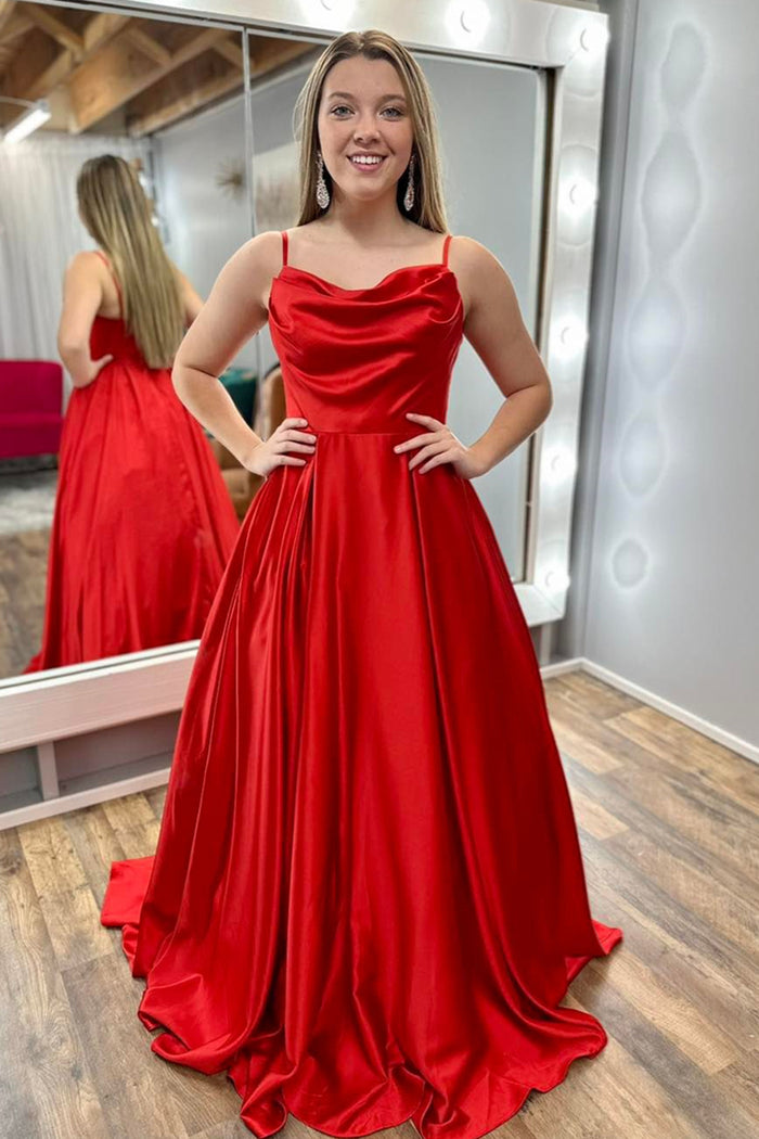 Red Satin Cowl Neck Spaghetti Straps A-line Long Prom Dress