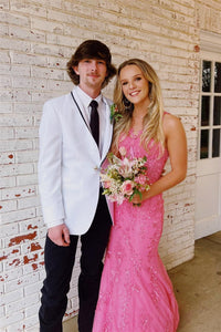 Pink Flower Straps Halter Appliques Mermaid Long Prom Dress