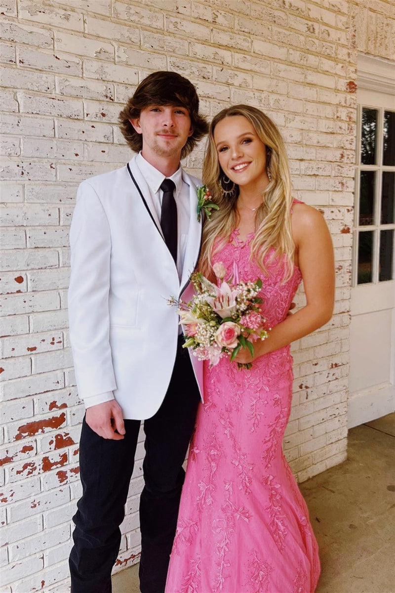 Pink Flower Straps Halter Appliques Mermaid Long Prom Dress