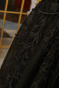 Black Strapless A-line Appliques Tulle Long Prom Dress