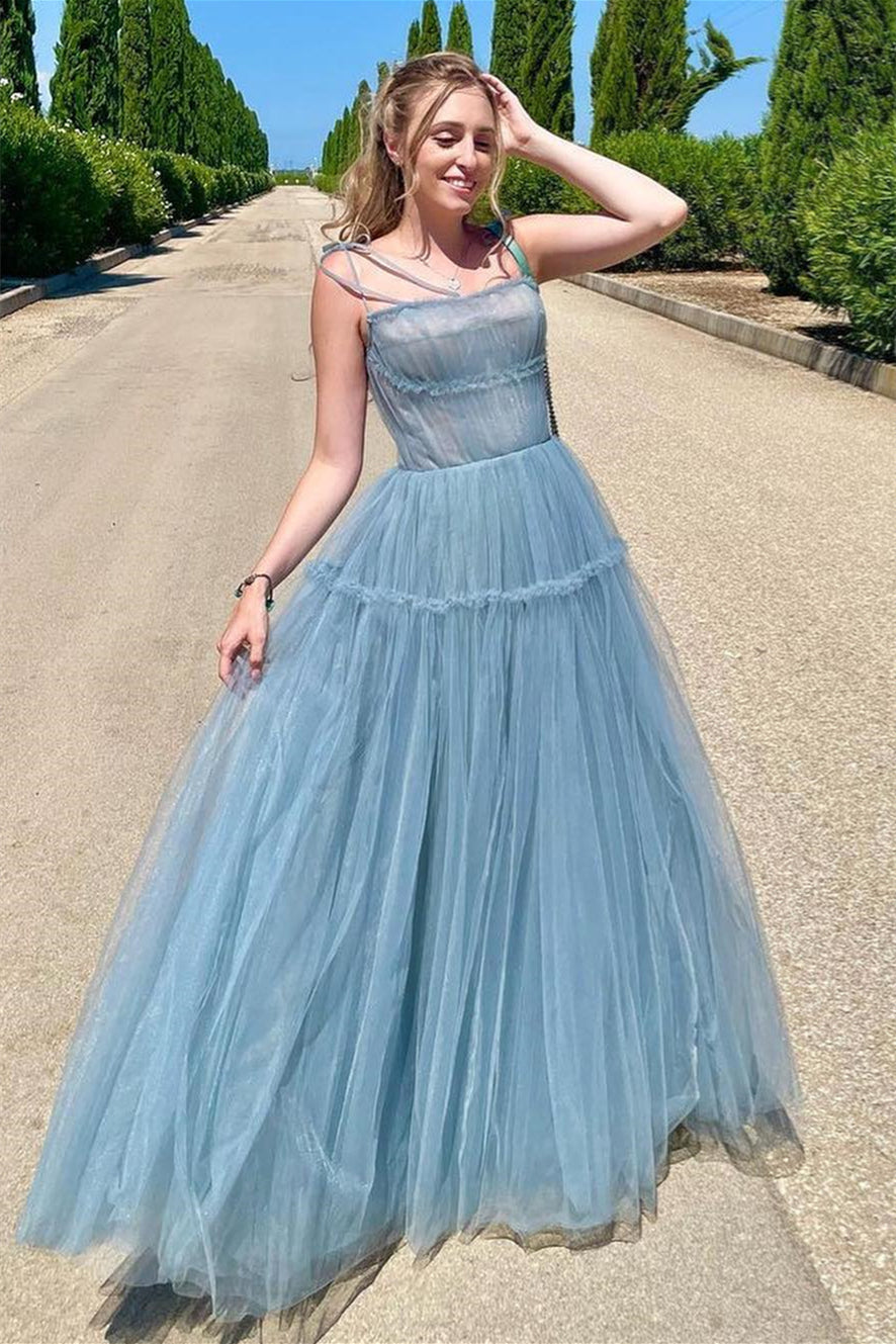 Dusty Blue Tulle Bow Tie Shoulder Ruffle Long Prom Dress