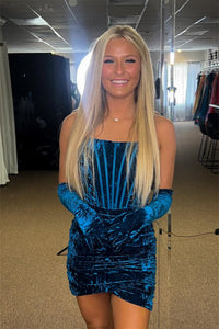 Royal Blue Strapless Velvet Sheath Homecoming Dress with Golves