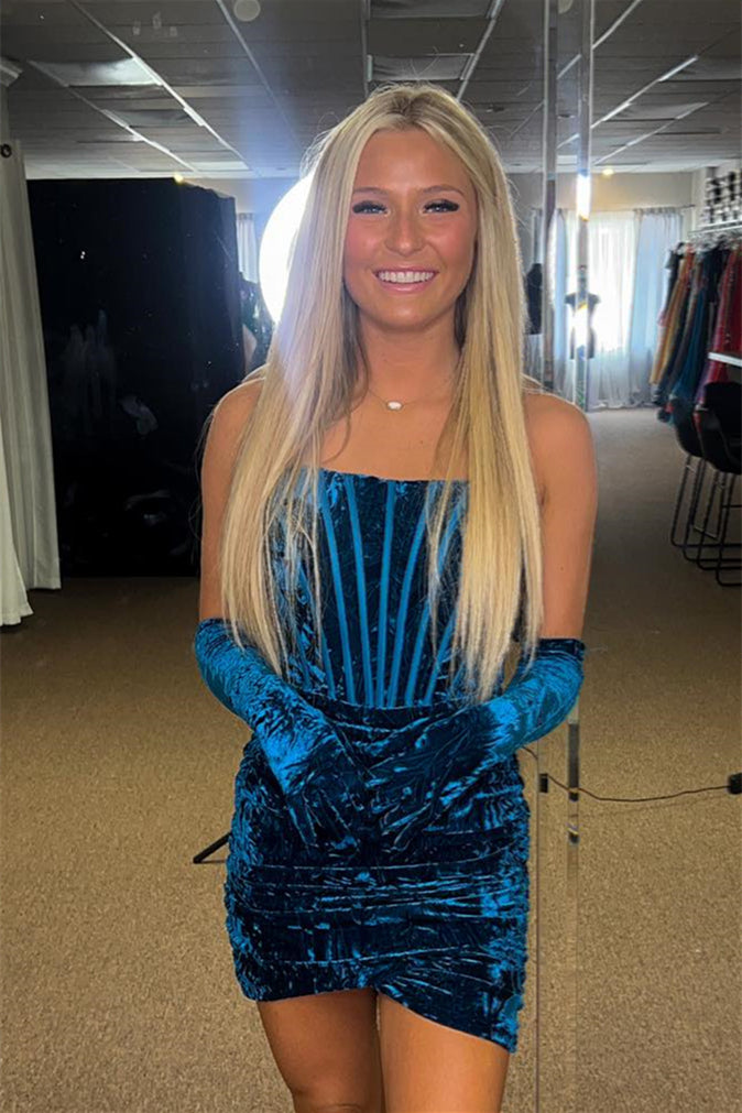 Royal Blue Strapless Velvet Sheath Homecoming Dress with Golves