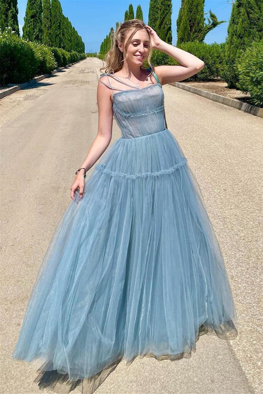 Dusty Blue Tulle Bow Tie Shoulder Ruffle Long Prom Dress