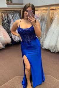 Royal Blue Lace-Up Floral Mermaid Satin Long Prom Dress with Slit