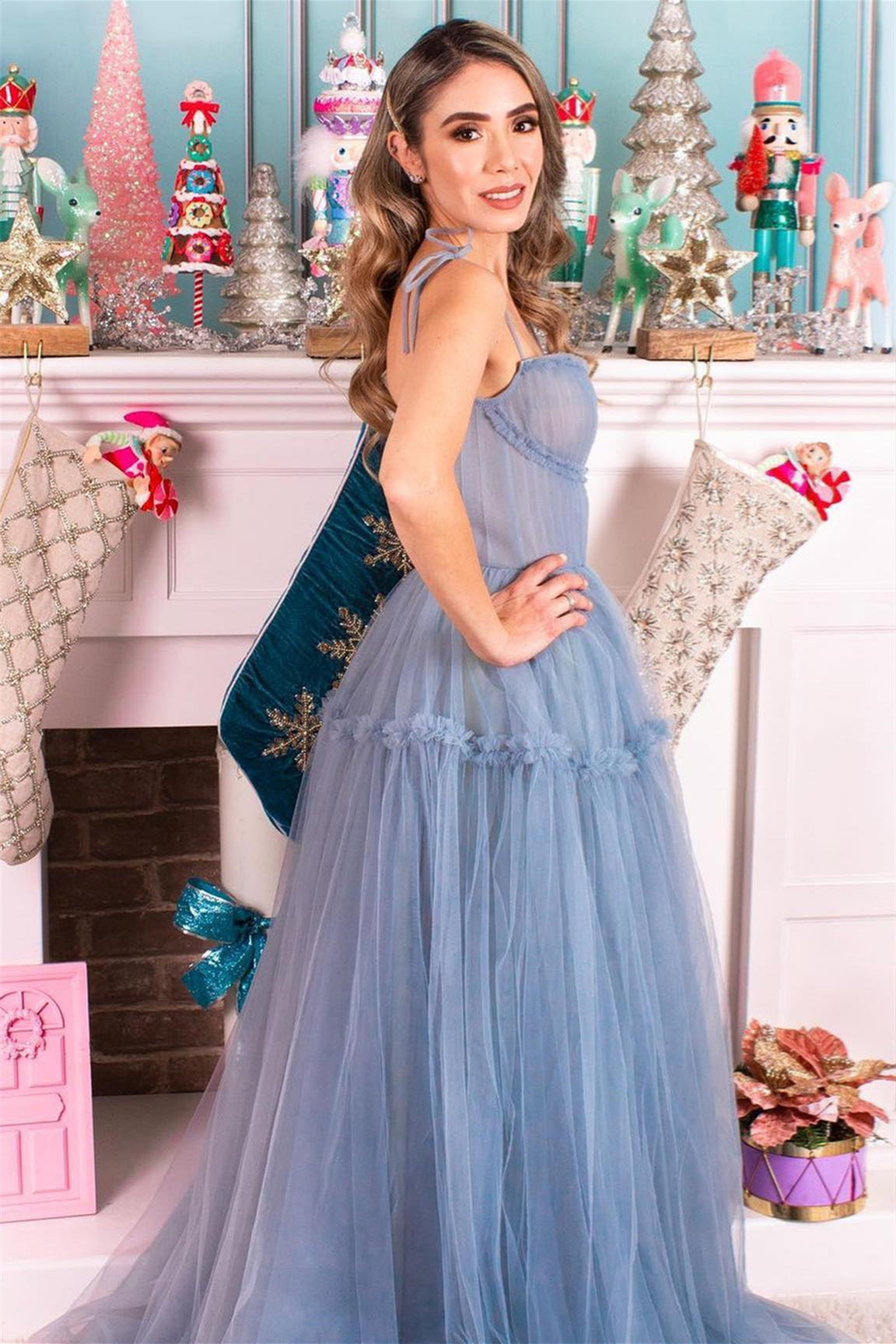 Dusty Blue Tulle Bow Tie Shoulder Ruffle Long Prom Dress
