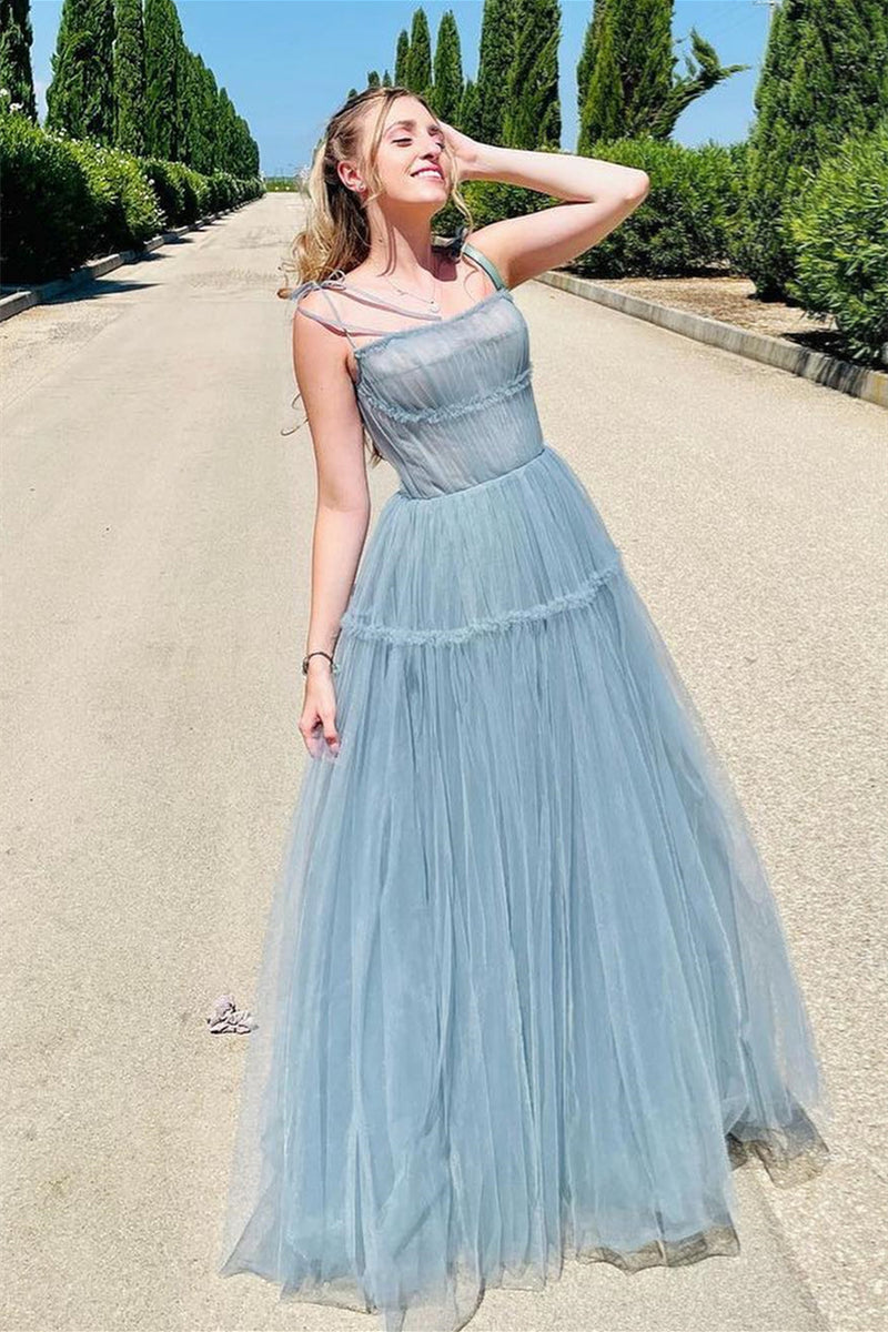 Dusty Blue Tulle Bow Tie Shoulder Ruffle Long Prom Dress