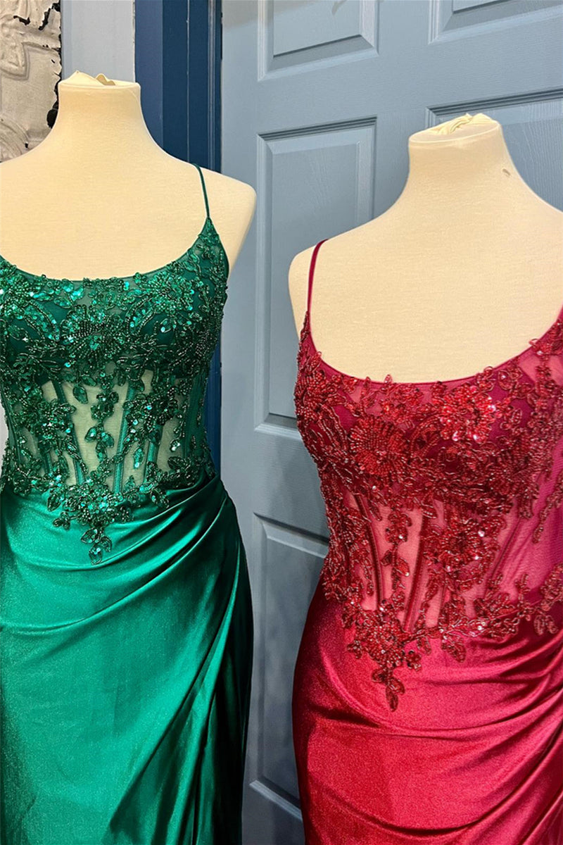 Hunter Green & Red  Lace-Up Floral Mermaid Satin Long Prom Dress with Slit