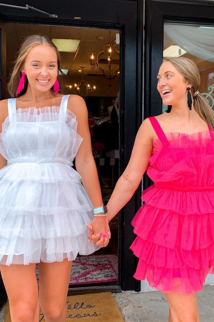 White & Fuchsia Tulle Multi-Layers A-line Homecoming Dress