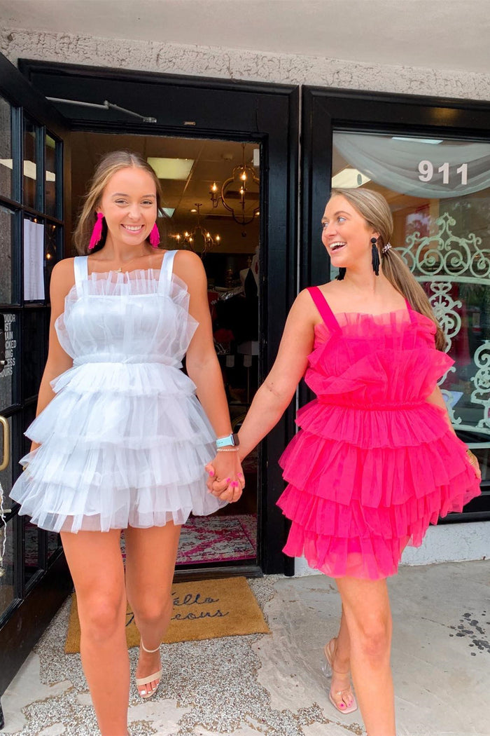 White & Fuchsia Tulle Multi-Layers A-line Homecoming Dress