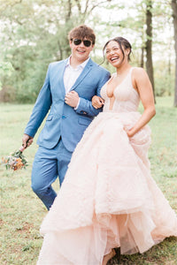 Blush Pink Plunging V Neck Lace-Up Ruffles Long Prom Dress