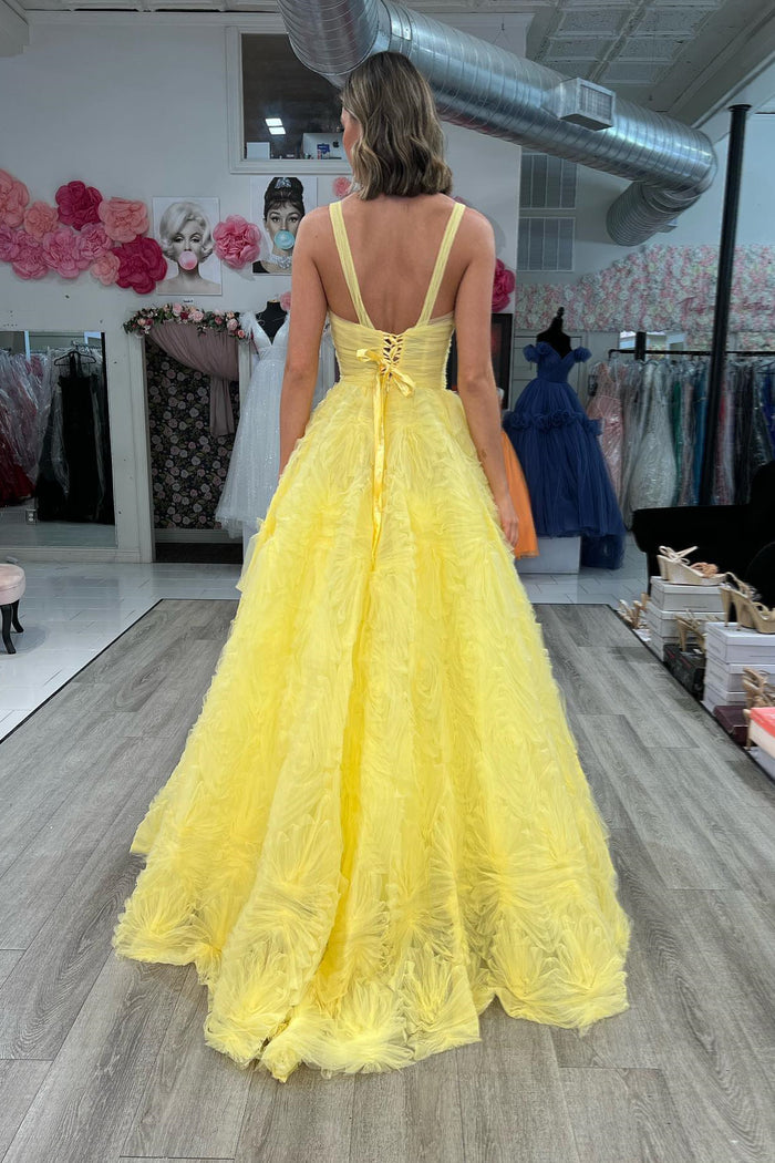 Yellow Plunging V Neck Lace-Up Ruffles Long Prom Dress