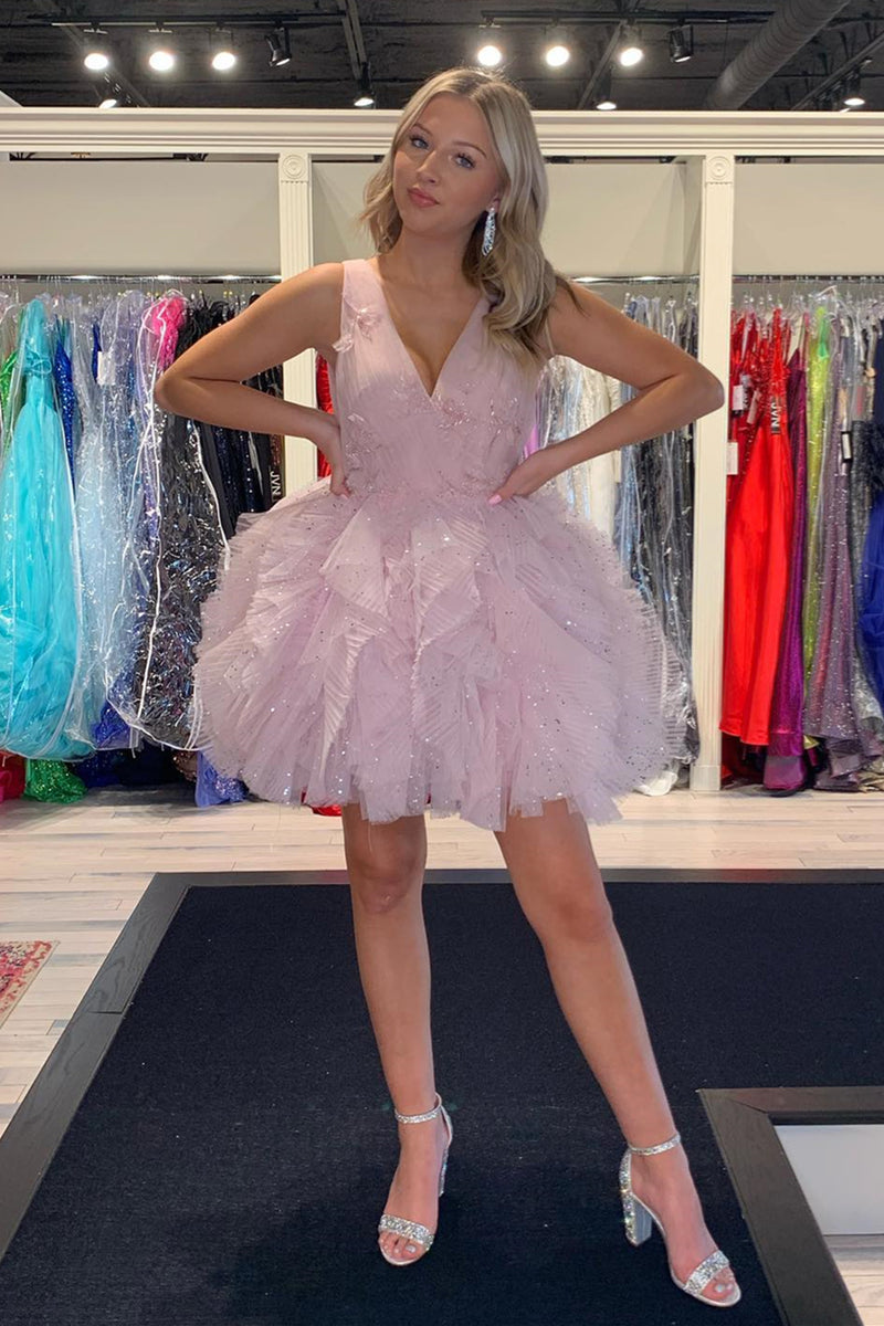 Lavender V Neck Sleeveless Sequined Ruffles A-line Homecoming Dress