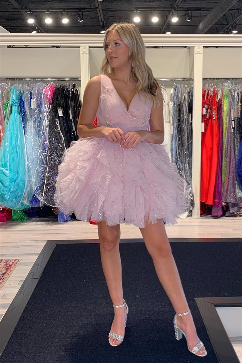 Lavender V Neck Sleeveless Sequined Ruffles A-line Homecoming Dress