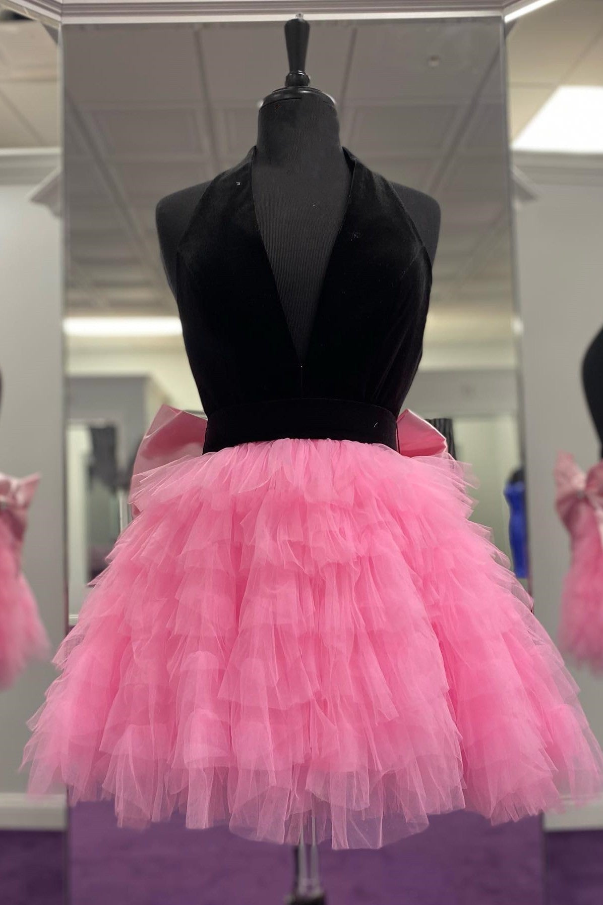 Halter Black and Lavender Tulle Ruffle Short Dress