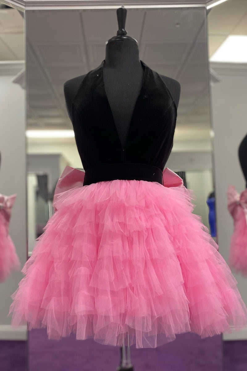 Halter Black and Lavender Tulle Ruffle Short Dress