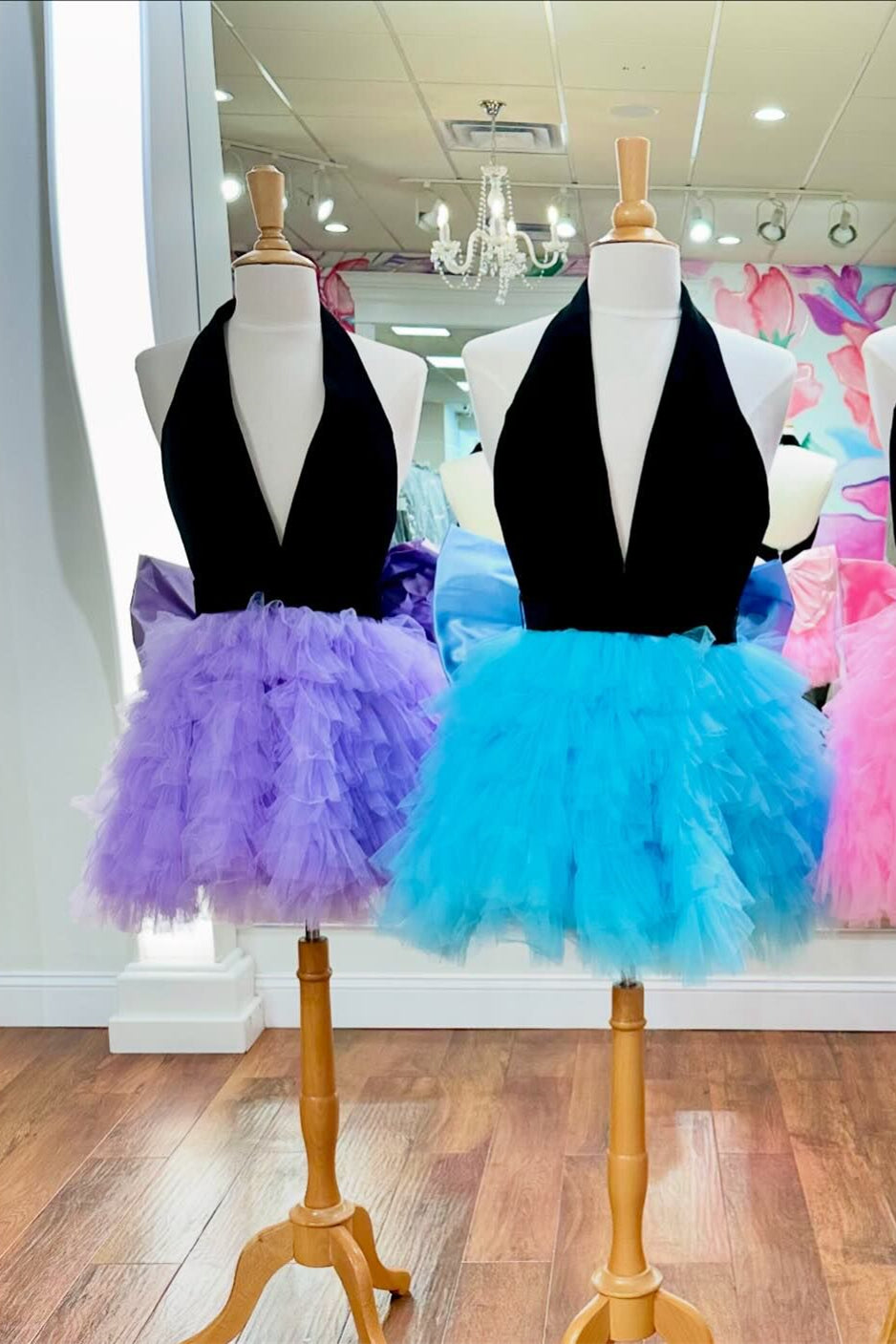 Halter Black and Lavender Tulle Ruffle Short Dress