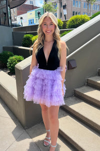 Halter Black and Lavender Tulle Ruffle Short Dress