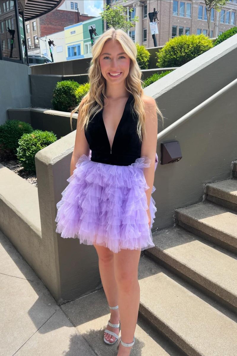 Halter Black and Lavender Tulle Ruffle Short Dress