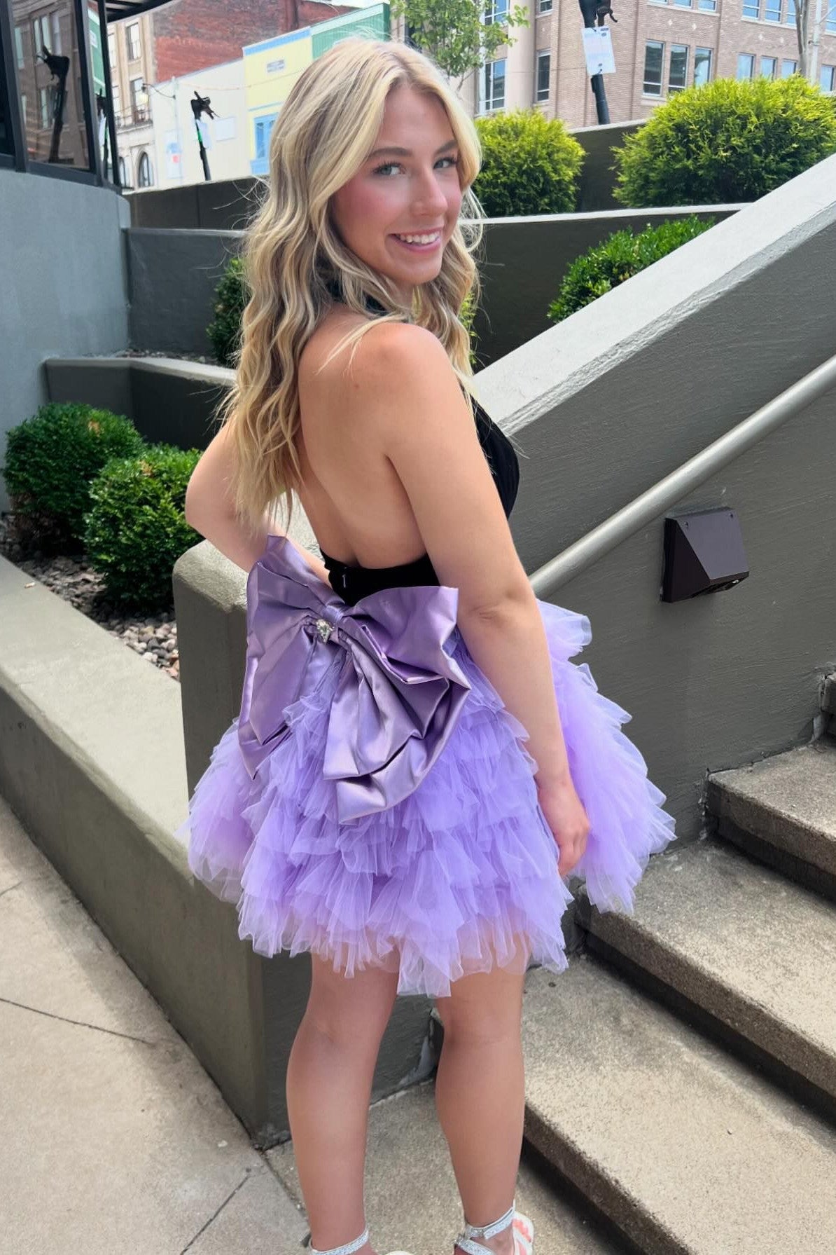 Halter Black and Lavender Tulle Ruffle Short Dress