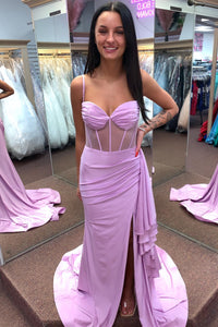 Lilac Cascading Ruffle Mermaid Satin Long Prom Dress with Slit