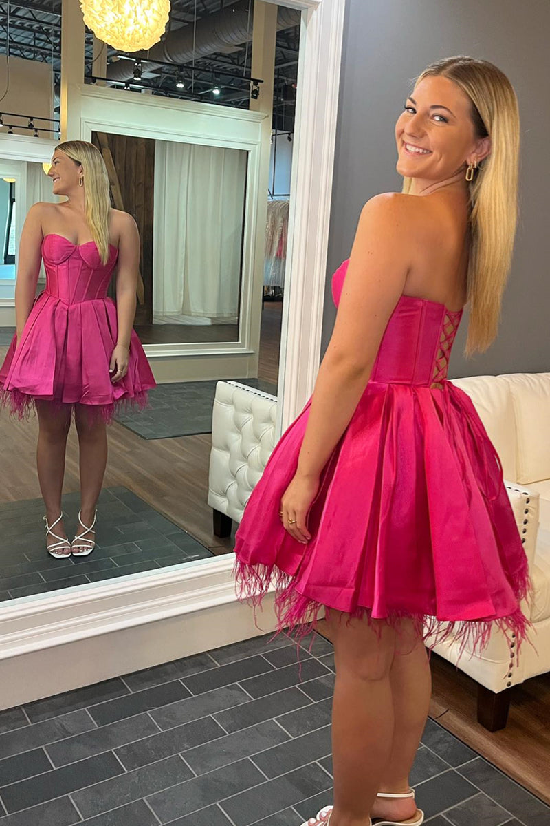 Barbie Pink Strapless Lace-Up A-line Satin Homecoming Dress with Feathers
