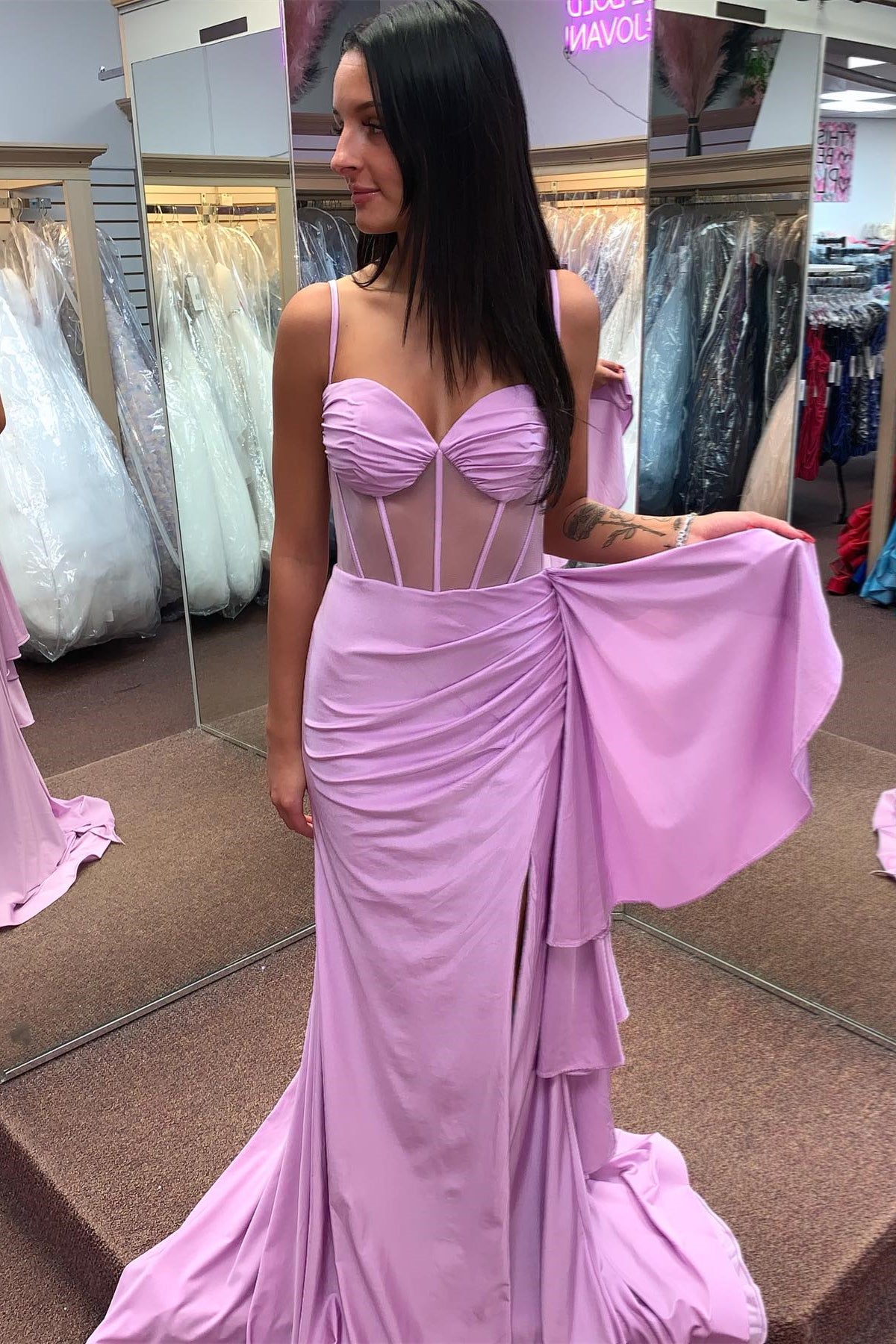 Lilac Cascading Ruffle Mermaid Satin Long Prom Dress with Slit