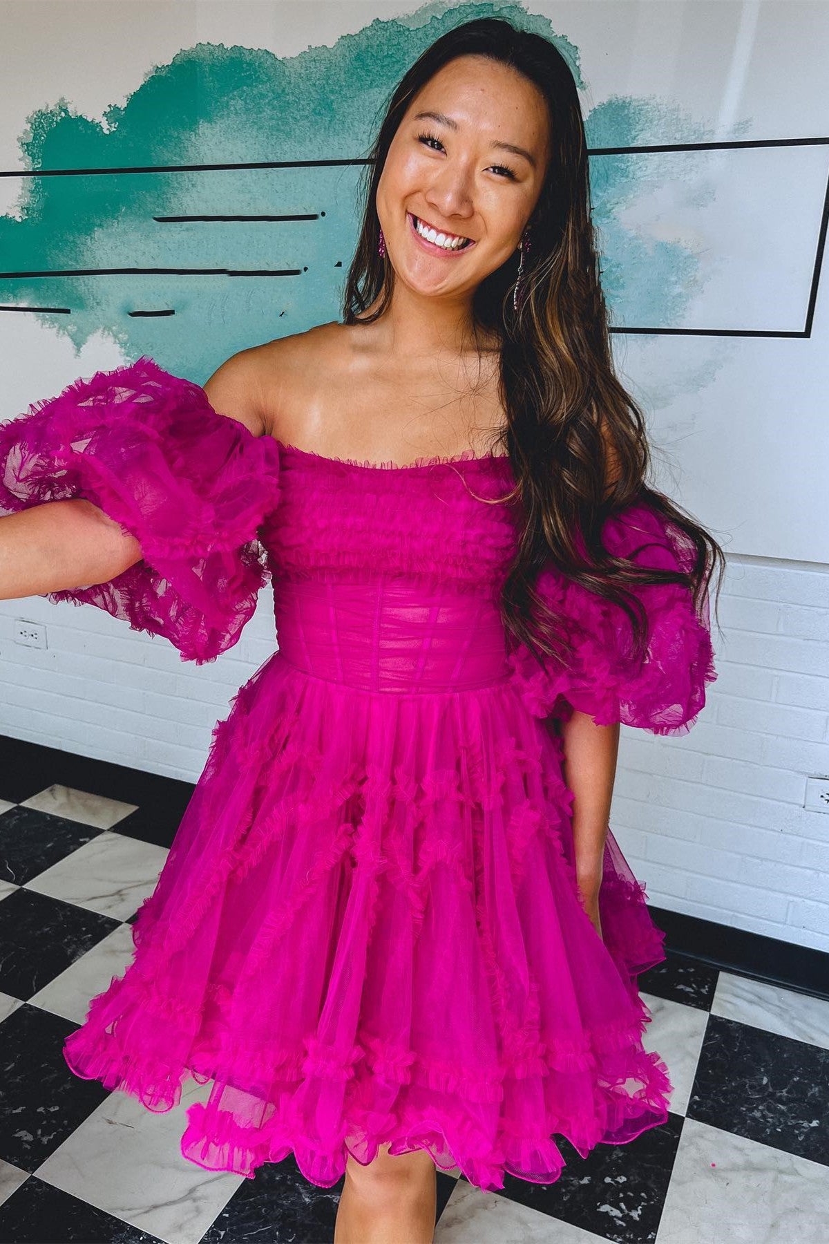 Fuchsia Off-the-Shoulder Puff Sleeves Tulle Ruffle-Layers Homecoming Dress