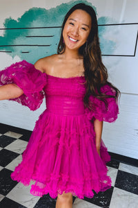 Fuchsia Off-the-Shoulder Puff Sleeves Tulle Ruffle-Layers Homecoming Dress