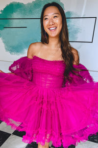Fuchsia Off-the-Shoulder Puff Sleeves Tulle Ruffle-Layers Homecoming Dress