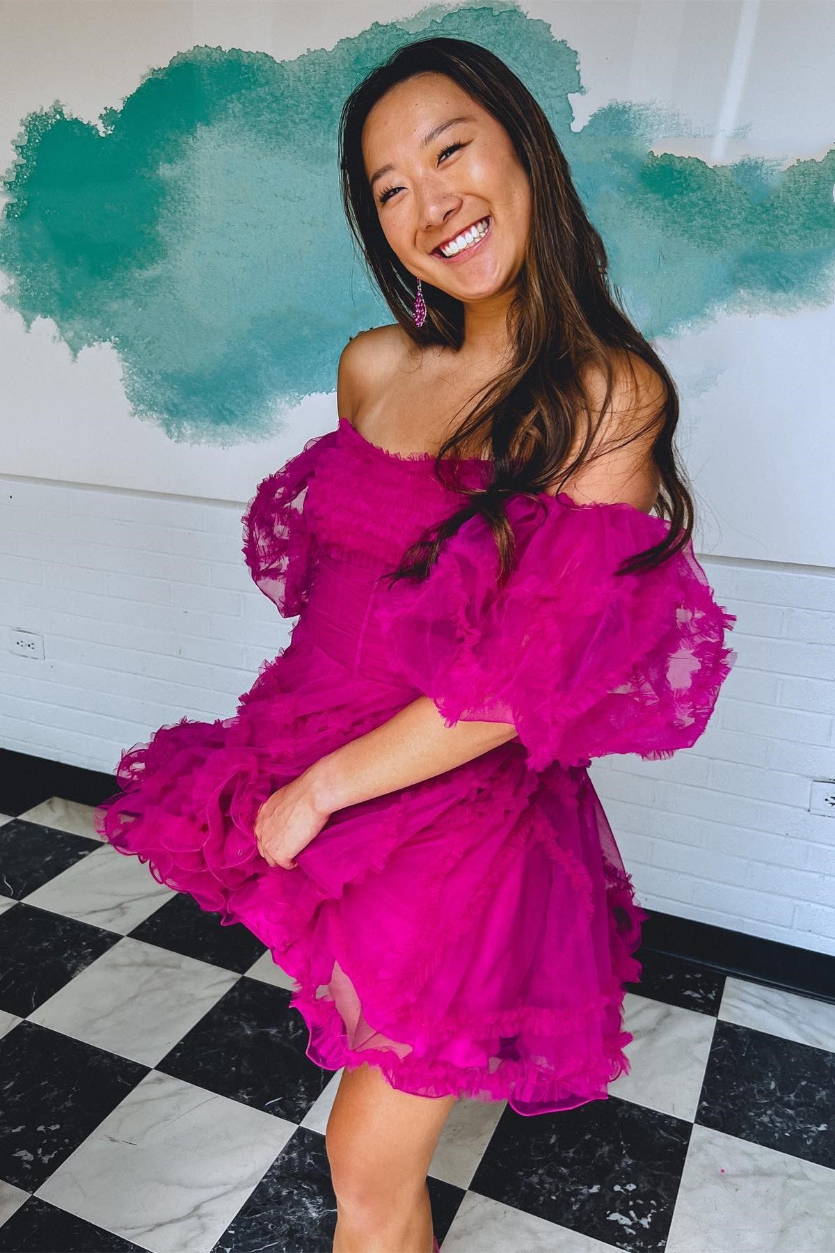 Fuchsia Off-the-Shoulder Puff Sleeves Tulle Ruffle-Layers Homecoming Dress